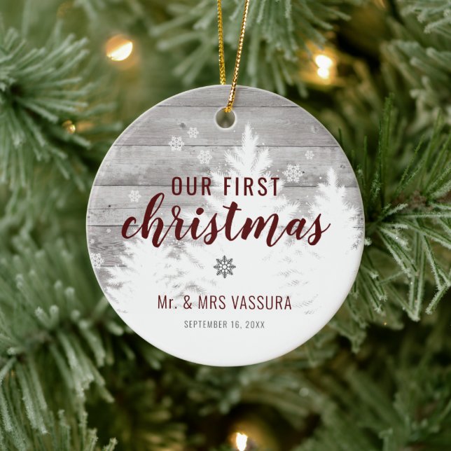 Rustic Our First Christmas Mr and Mrs Photo Ceramic Tree Decoration (Tree)