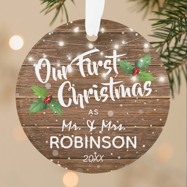 Rustic Our First Christmas Mr & Mrs Photo Ornament (Creator Uploaded)