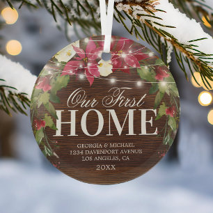 Rustic Our First Home Christmas Glass Ornament