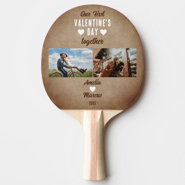 Rustic Our First Valentine's Day Together 2 Photo Ping Pong Paddle (Front)