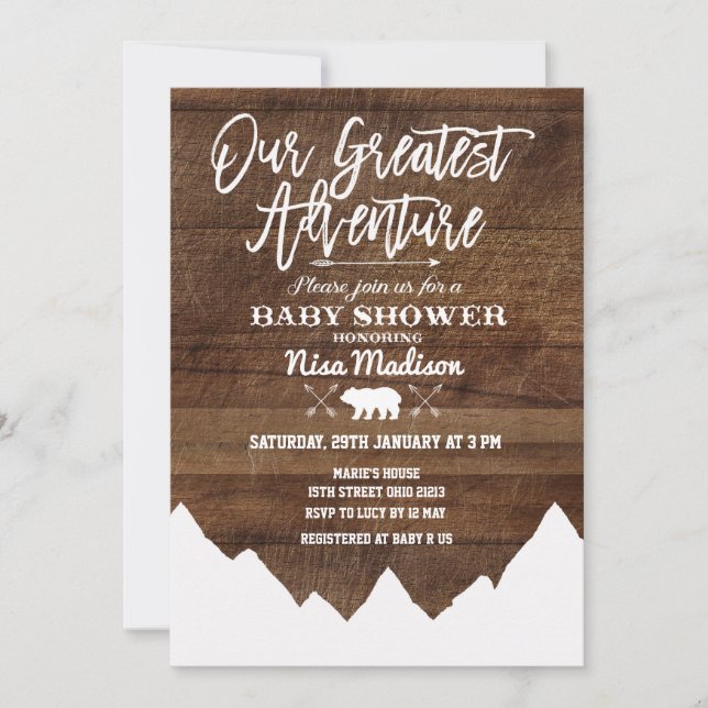 Rustic Our Greatest Adventure Baby Shower Card (Front)