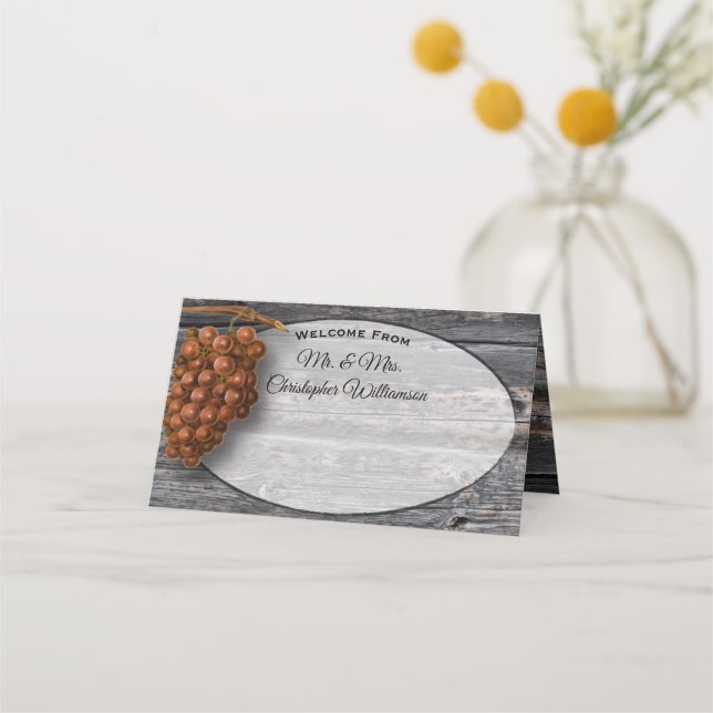 Rustic Outdoor Barn Wedding Wood Wine Grapes Place Card (Front)