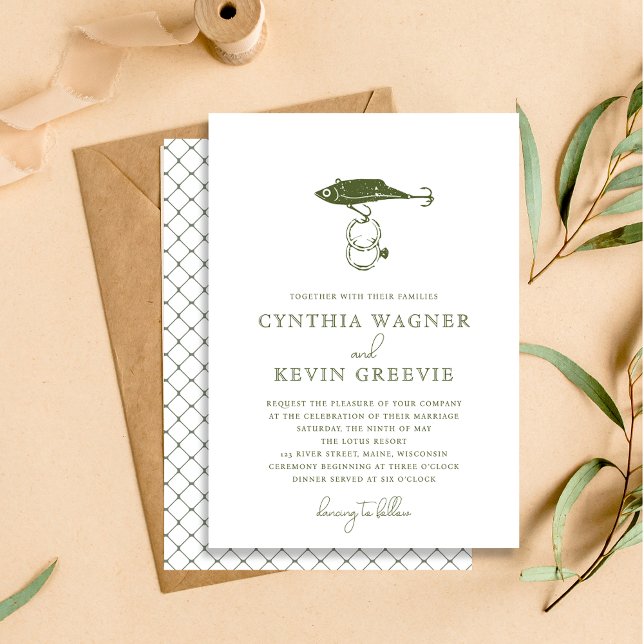 Rustic Outdoor Fishing Lure Hook Rings Green Invitation (Creator Uploaded)