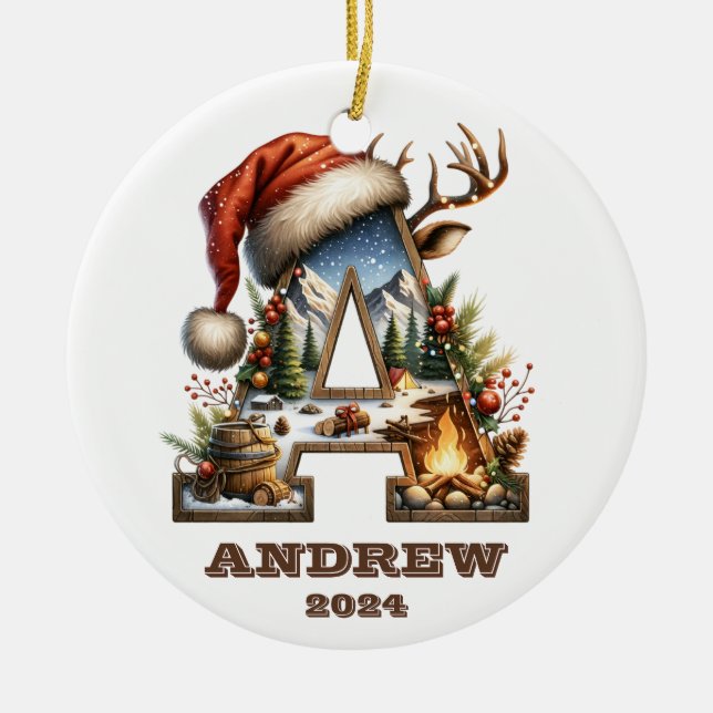 Rustic Outdoor Letter A Holiday Adventure Ceramic Tree Decoration (Front)