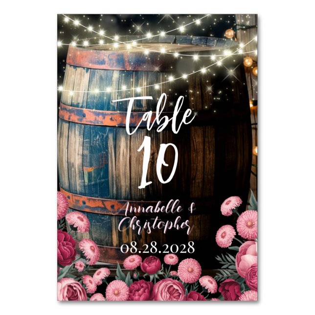 Rustic Outdoor Whimsical Whiskey Barrel Wedding Table Number (Front)