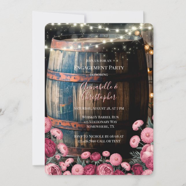Rustic Outdoor Whiskey Barrel Engagement Party Invitation (Front)