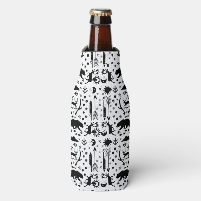 Rustic Owl Bear Deer Fox Woodland Creature Pattern Bottle Cooler (Bottle Front)