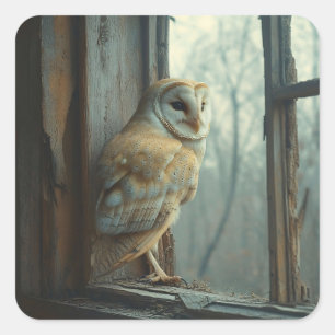 Rustic Owl In The Window Art Square Sticker