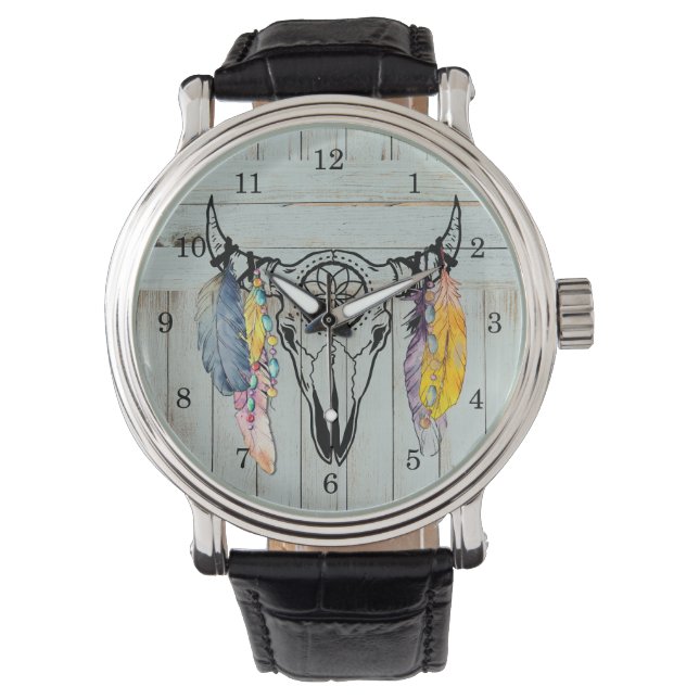 Rustic Oxen Skull With Watercolor Feathers Beads  Watch (Front)