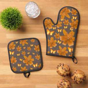 Rustic Painted Orange Floral Butterfly Oven Mitt & Pot Holder Set