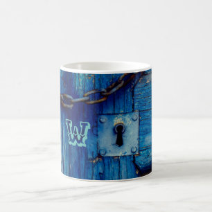 Rustic painted wood door keyhole chain blue coffee mug