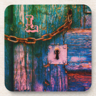 Rustic painted wood keyhole chain blue pink coaster