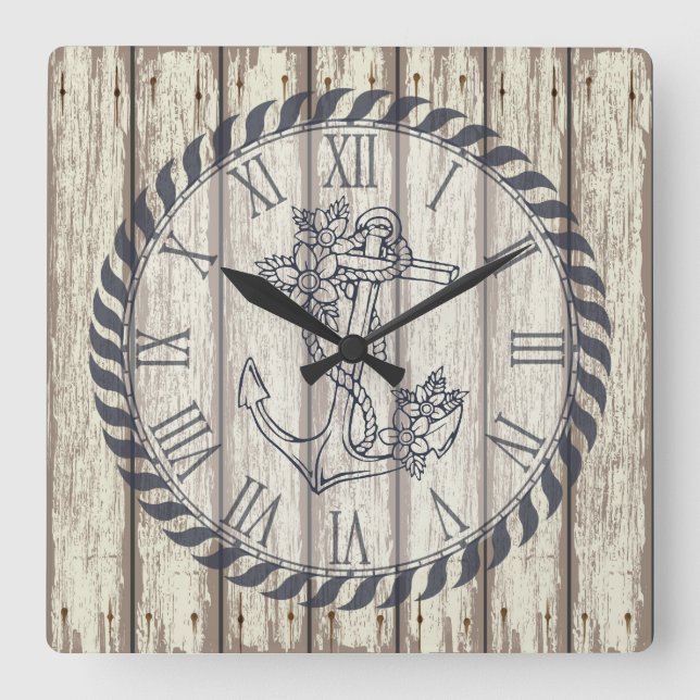 Rustic Painted Wood Planks Floral Nautical Anchor Square Wall Clock (Front)