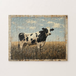 Rustic Painting of a Cow in a Sunlit Meadow Jigsaw Puzzle