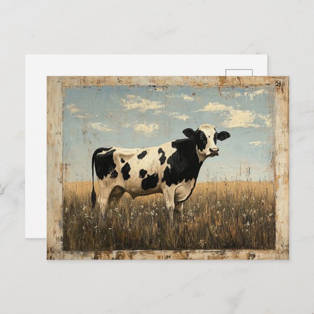 Rustic Painting of a Cow in a Sunlit Meadow Postcard (Front/Back)