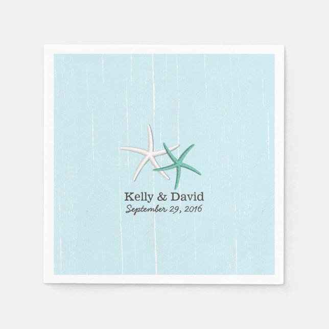 Rustic Pair of Starfish Light Blue Beach Wedding Napkin (Front)