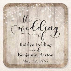 Rustic Pale Brown Wood & Lights, "The Wedding of" Square Paper Coaster