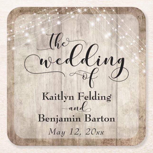 Rustic Pale Brown Wood & Lights, "The Wedding of" Square Paper Coaster (Front)