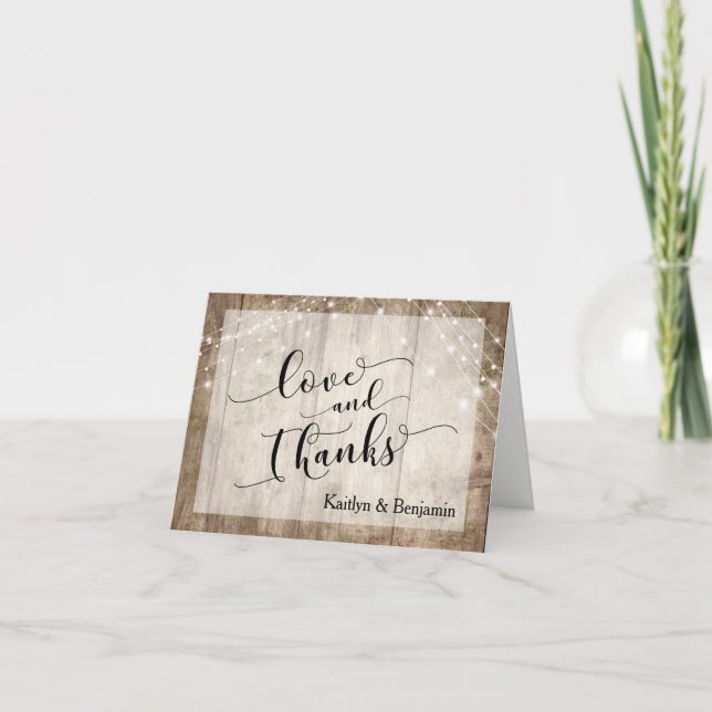 Rustic Pale Brown Wood & White Lights Thank You Card (Front)