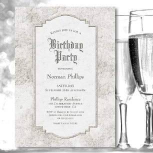 Rustic Pale Grey Carved Stone Birthday Party Invitation