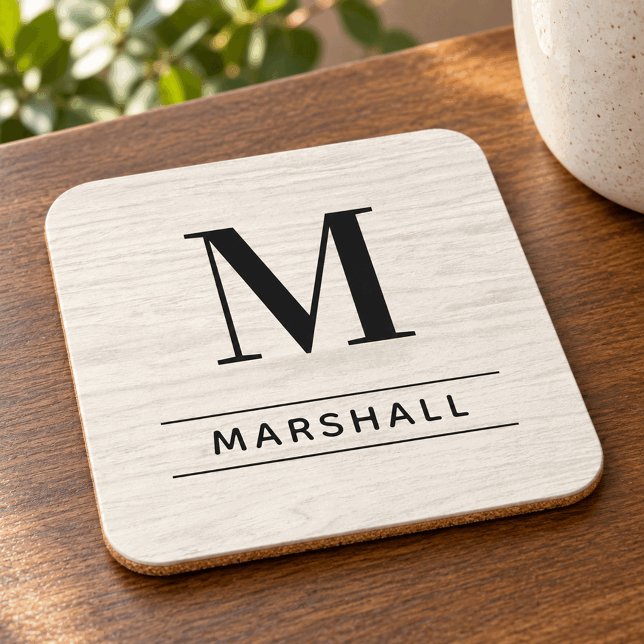 Rustic Pale Wood Serif Monogram Name Coaster (Creator Uploaded)