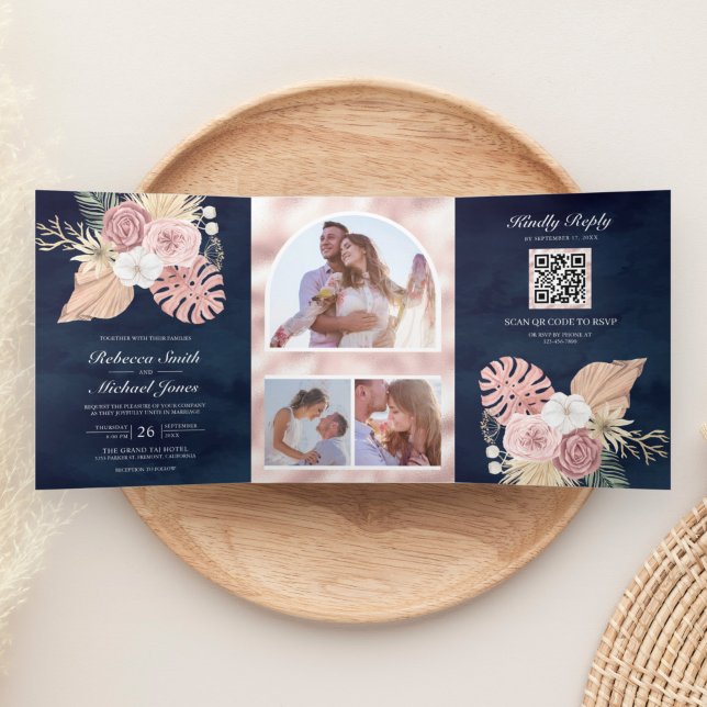 Rustic Palm Dusty Pink Roses Navy QR Code Wedding Tri-Fold Invitation (Creator Uploaded)