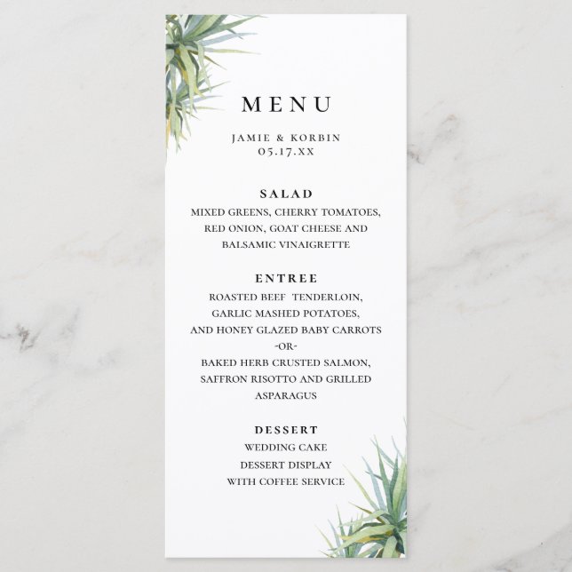 Rustic Palm Leaf Beach Wedding Menu (Front)