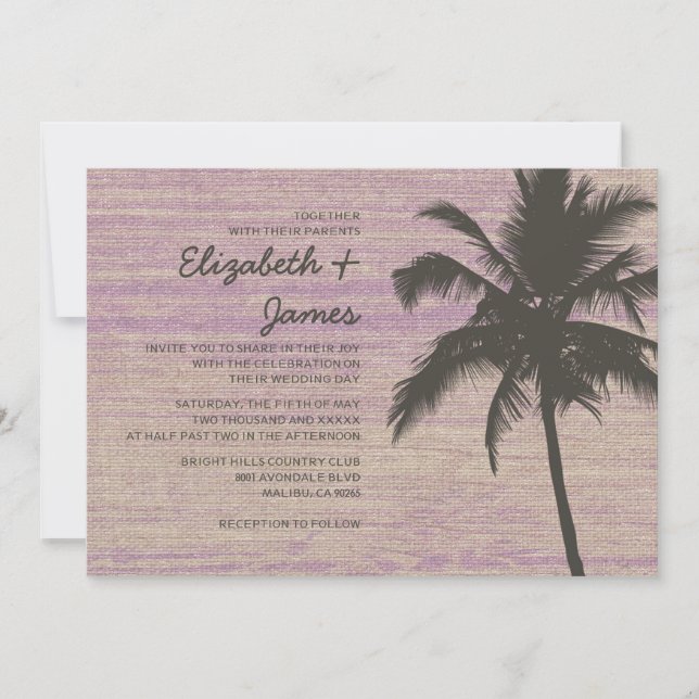 Rustic Palm Trees Burlap Wedding Invitations (Front)
