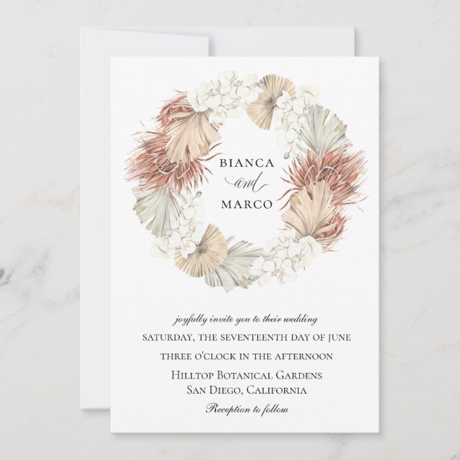 Rustic Palm Wreath Wedding Invitation (Front)