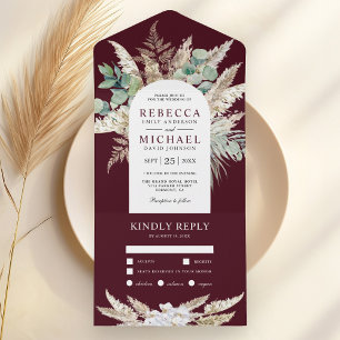Rustic Pampas Eucalyptus Arch Burgundy Wedding All In One Invitation