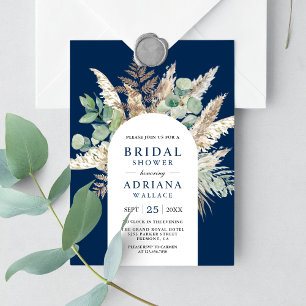 Rustic Pampas Eucalyptus Arch Navy Bridal Shower Invitation