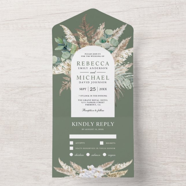 Rustic Pampas Eucalyptus Arch Sage Green Wedding All In One Invitation (Inside)
