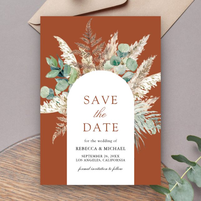 Rustic Pampas Eucalyptus Arch Terracotta Wedding Save The Date (Creator Uploaded)