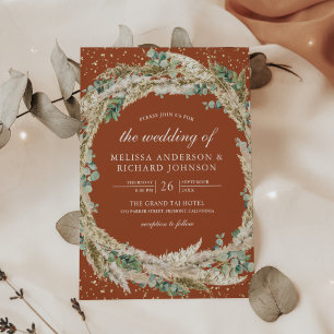 Rustic Pampas Eucalyptus Wreath Terracotta Wedding Invitation