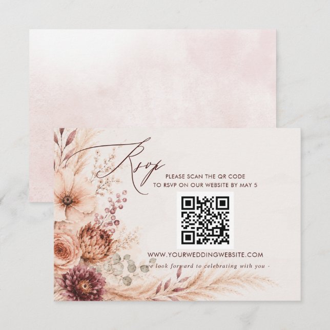 Rustic pampas Floral Fall Wedding QR CODE RSVP Card (Front/Back)