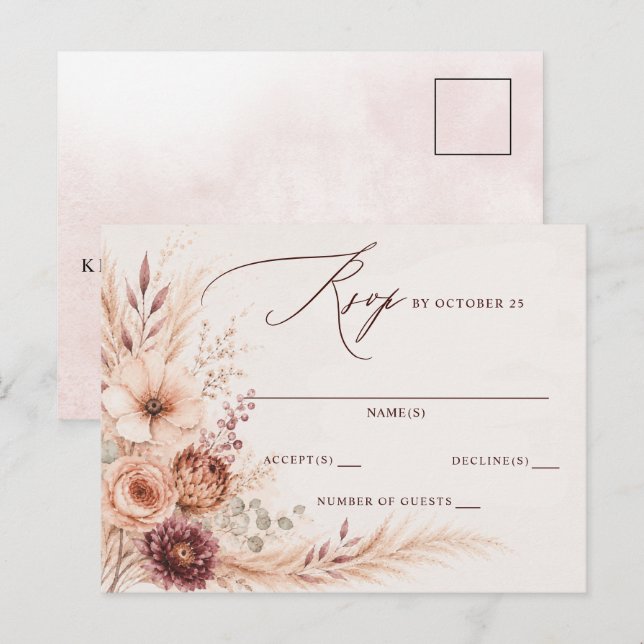 Rustic Pampas Floral Fall Wedding RSVP Postcard (Front/Back)