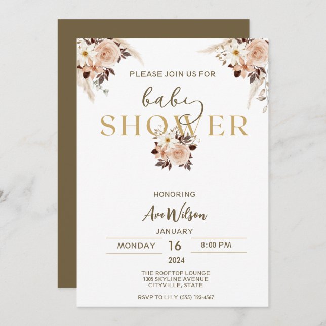 Rustic Pampas Grass Boho baby shower invitations (Front/Back)
