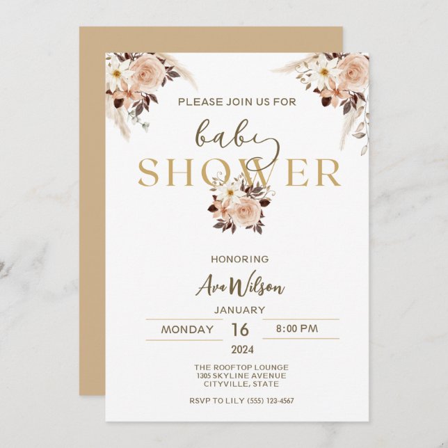 Rustic Pampas Grass Boho baby shower invitations (Front/Back)