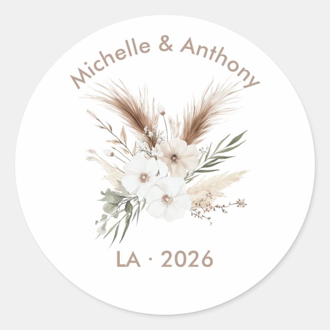 Rustic Pampas Grass Boho Bohemian Wedding Classic Round Sticker (Front)