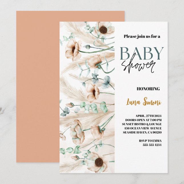 rustic pampas grass boho wildflower baby shower  invitation (Front/Back)