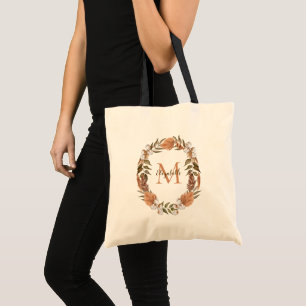Rustic Pampas Grass   Cotton Wreath Monogram Tote Bag