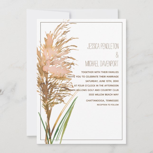 Rustic Pampas Grass on White Wedding Invitation (Front)