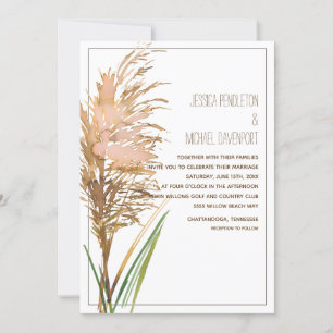 Rustic Pampas Grass on White Wedding Invitation