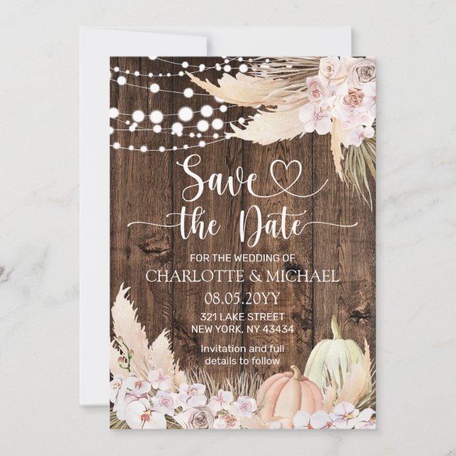 Rustic Pampas Grass Save the Date Wedding Invitation (Front)