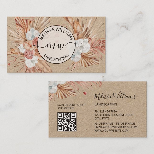 Rustic Pampas Grass Watercolor Boho Logo Business Card (Front/Back)