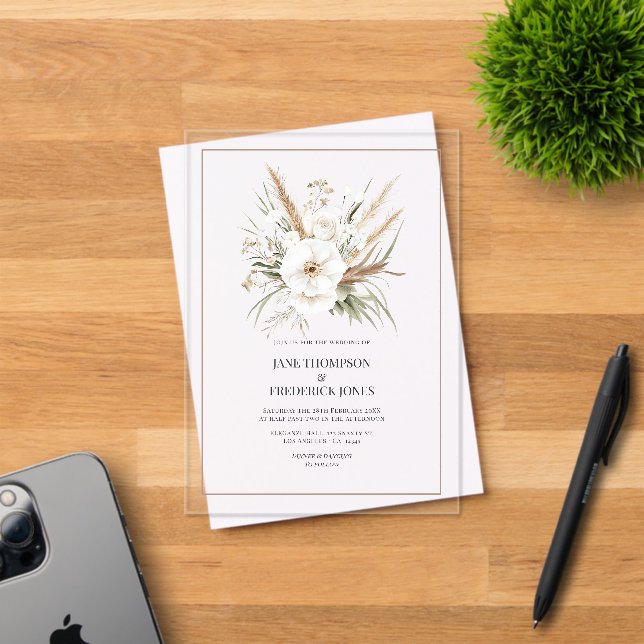 Rustic Pampas Grass White Floral Bohemian Wedding Acrylic Invitations (Insitu (Invitation Card))