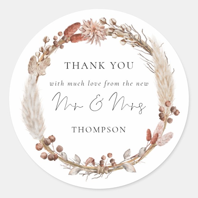 Rustic Pampas Grass Wreath New Mr Mrs Thank You Classic Round Sticker (Front)