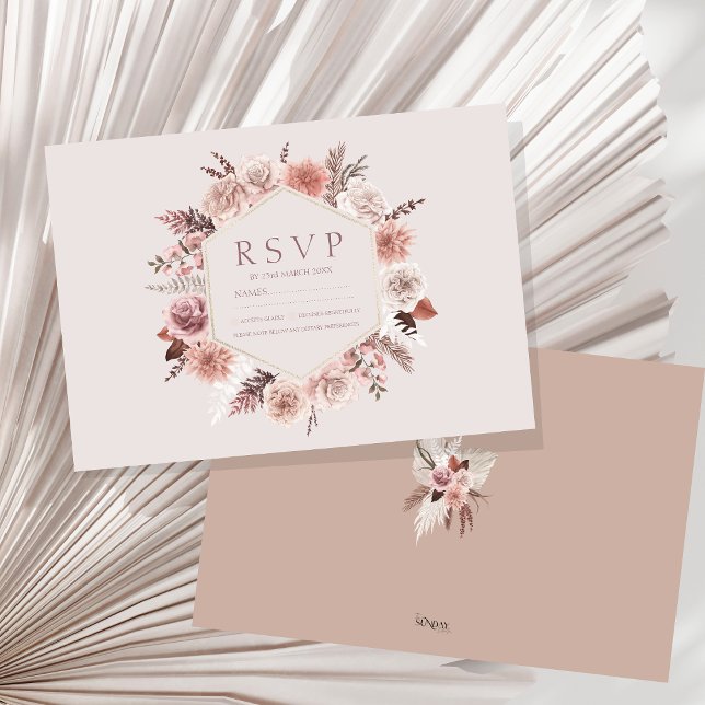 Rustic Pampas Grass Wreath Wedding RSVP (Boho Dusty Pink Dried Flowers Wreath Wedding RSVP Card)