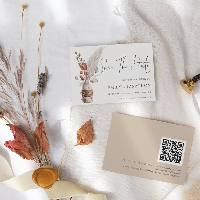 Rustic Pampas Grasses Boho QR Code Wedding Save The Date (Creator Uploaded)