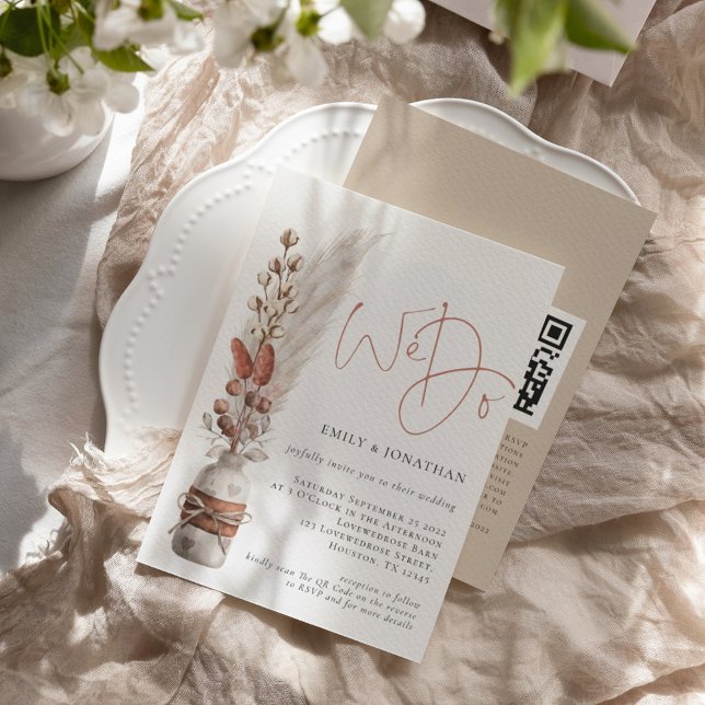 Rustic Pampas Grasses We Do QR Code Wedding Invitation (Creator Uploaded)